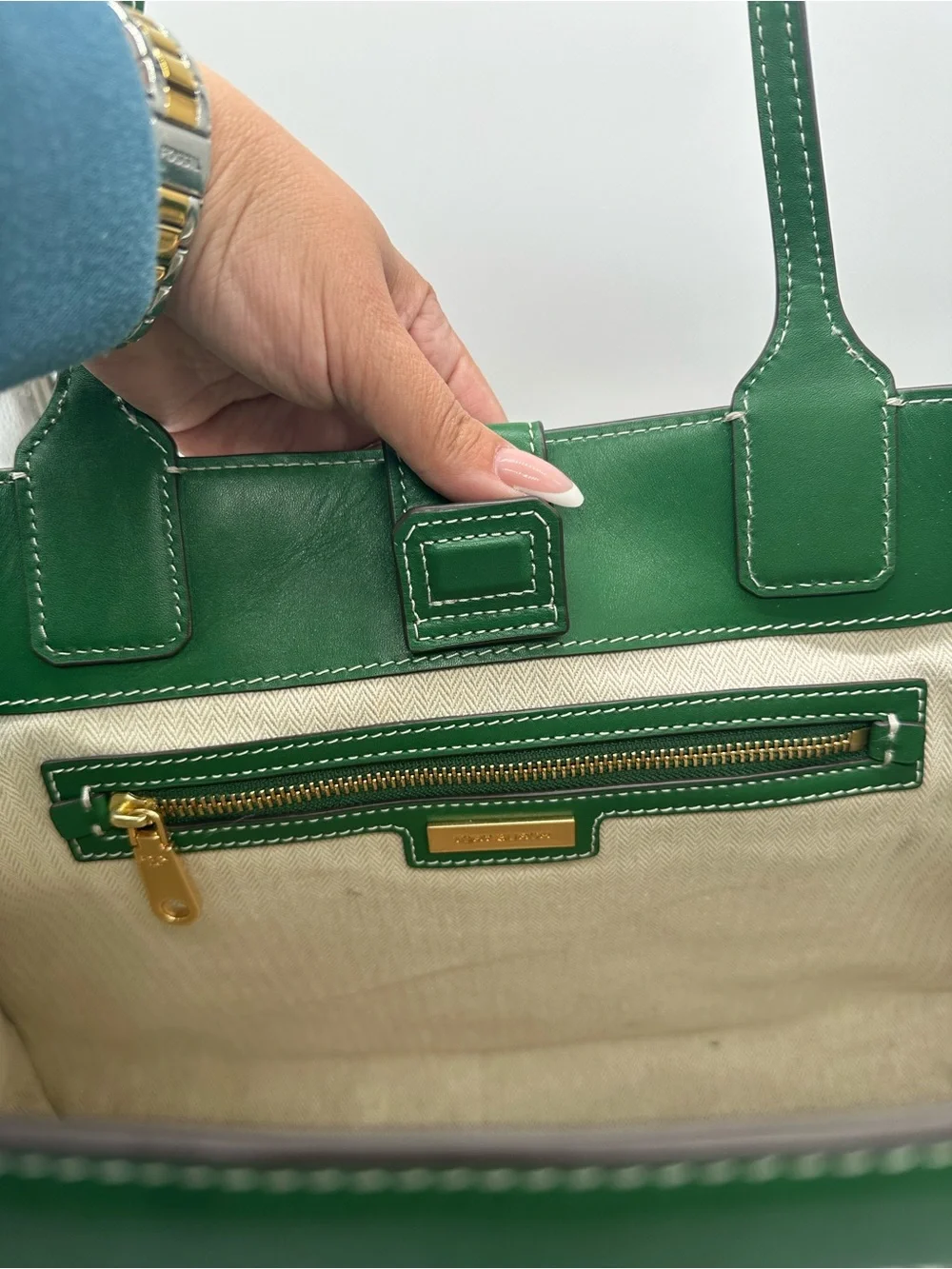 Tory Burch Green Trim Canvas Tote Bag